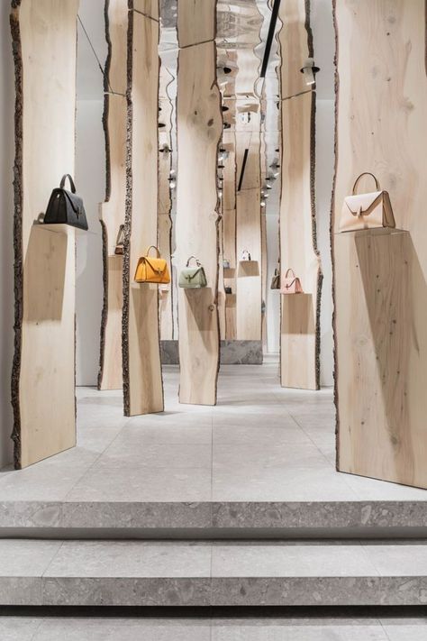 kengo kuma creates enchanted forest pop-up inside valextra's milan store Milan Store, Decoration Vitrine, Retail Space Design, Kengo Kuma, Retail Concepts, 카페 인테리어 디자인, Retail Store Design, Boutique Interior, Retail Interior