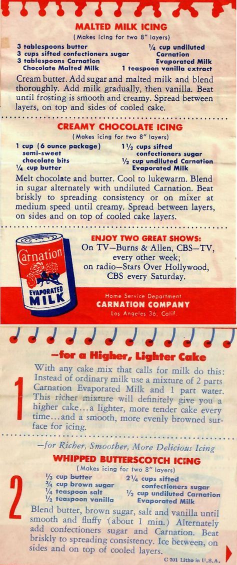 Vintage clipped recipes from the 1950s from Carnation Evaporated Milk for Malted Milk Icing, Creamy Chocolate Icing, and Whipped Butterscotch Icing.  #VintageRecipes #CarnationEvaporatedMilk #CarnationMilk #MaltedMilkIcing #CreamyChocolateIcing #WhippedButterscotchIcing #Icing #CakeIcing Evaporated Milk Frosting Recipes, Evaporated Milk Icing, Carnation Milk Recipes Desserts, Evaporated Milk Frosting, Evaporated Milk Cookies, Evaporated Milk Bread, Malted Milk Recipes, Carnation Evaporated Milk Recipes, Recipes Using Evaporated Milk