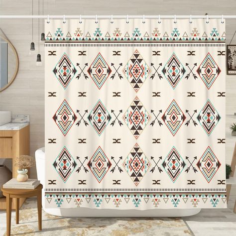 Navy And Rust Bathroom, Southwest Bathroom Ideas, Aztec Shower Curtain, Modern Home Bathroom, Western Bathroom Decor, Western Bathroom, Native American Pattern, Bathroom Curtain Set, Navajo Pattern