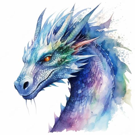 Premium AI Image | There is a watercolor painting of a dragon head with a bright blue and purple color generative ai Dragon Watercolor Painting, Dragon Colored Pencil, Fantasy Dragon Illustration, Watercolour Dragon, Dragons Illustration, Dragon Paintings, Blue Dragon Tattoo, Dragon Watercolor, Dragon Head Tattoo