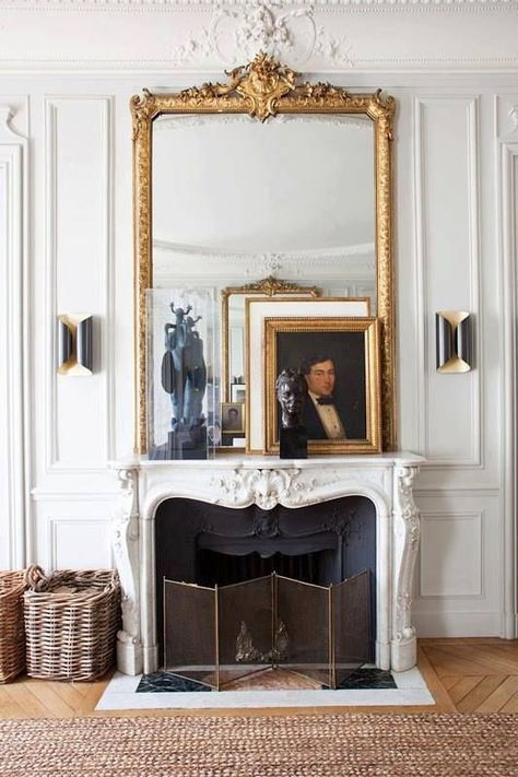 Parisian Fireplace, Parisian Style Decor, Paris Apartment Decor, Parisian Living Room, Parisian Apartment Decor, Modern Parisian, French Fireplace, Parisian Decor, Parisian Interior