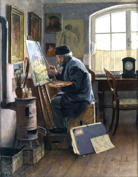 The painter in his Studio - Adolf Reich Interior Paintings, The Painter, Traditional Paintings, 인물 사진, Ancient Art, Figurative Art, Portrait Drawing, Art Studios, Life Art