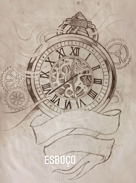 Roman Clock Drawing, Pocket Clock Drawing, Roman Clock Tattoo Design, Clock Tattoo Design Births, Realistic Clock Tattoo, Compass Clock Tattoo Design, Old Clock Drawing, Clock Design Drawing, Time Clock Tattoos