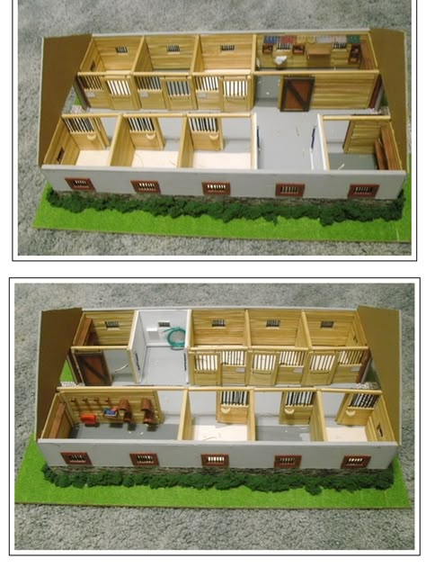 This is my 6-stall barn layout! Small Stable Ideas Horse Stalls, Horse Farm Ideas Stables, Horse Barn Layout Floor Plans, 6 Stall Horse Barn Plans, Small Barn Layout, Diy Schleich Horse Barn, Multi Animal Barn Layout, Barn Layout Multi Animal, Small Stable Ideas