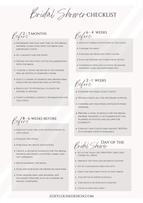 bridal shower checklist Hens Party Planning Checklist, Bridal Shower To Do List, Bachelorette Planning Checklist, Bridal Shower Timeline, Event Planning Board, Bridal Shower Planning Checklist, Bridal Shower Checklist, Shower Checklist, Bridal Makeup For Blondes