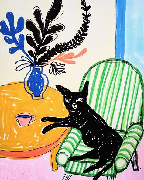 🌼☕🐈‍⬛ A follower told me that my art style reminds her of Matisse. With this one I might see what she means 🤔 . Illustrative sketch made with poscapens. The Dancers Matisse, Henri Matisse Cat Painting, Matisse Dog, Striped Armchair, Matisse Museum Nice, Sunday Morning Coffee, Matisse Flower Market Prints, Coffee Cat, Coffee Art Print