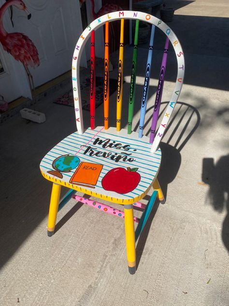 Painted Chair Ideas, Diy Teacher Stool, Painted Classroom Chair, Teacher Chairs For Classroom Diy, Classroom Teacher Chair, Teacher Painted Chair, Diy Teacher Chair, Teacher Stools Painted Diy, Teacher Chairs For Classroom