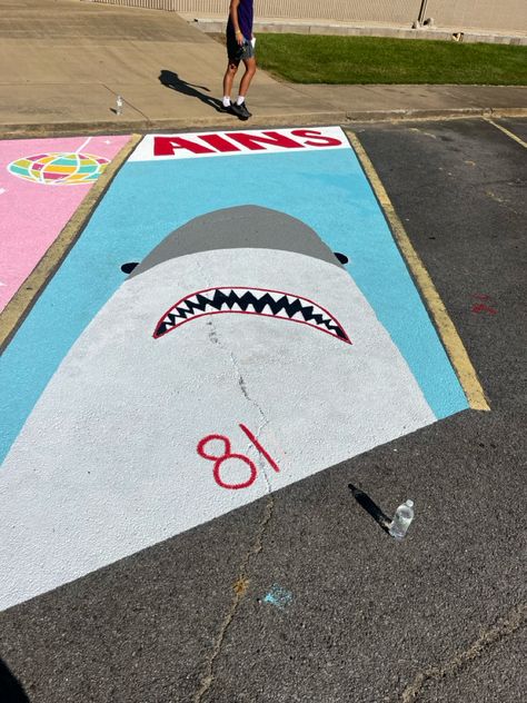 Shark painting parking spot Senior Spots, Senior Pants, Senior Parking Spot, Parking Spot Painting, Shark Painting, Spot Painting, Shark Design, Parking Spot, Senior Year