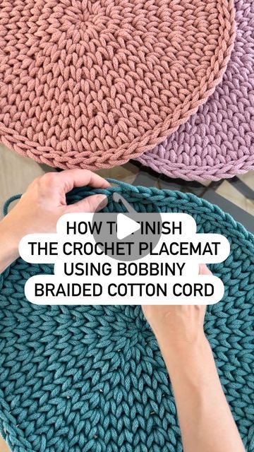 All Yarn Drive - Justyna - Bobbiny Crochet & Macrame Cords on Instagram: "How to finish the crochet placemat using Bobbiny braided cotton cord tutorial.  Do you prefer traditional crochet finishes or experimenting with alternative materials like Bobbiny cord? Share your thoughts!  How to crochet round placemat, Bobbiny Braided Cotton Cords  #bobbiny #bobbinycordsus #crochettutorial #crochetplacemat #crochetforbeginners #howtocrochet #crochethomedecor #modernhomedecor #crochetlove" Knitting With Macrame Cord, Crocheting With Macrame Cord, How To Crochet A Cord, Crochet With Macrame Cord, Placemat Haken, Crochet Macrame Cord, Crochet Round Placemats, Bobbiny Crochet, Macrame Placemat