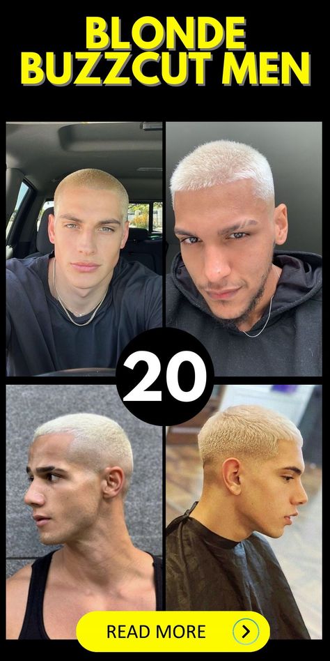 The aesthetic appeal of blonde buzzcut men with a bleach-blonde finish and a fade is undeniable. Ideal for those with tan skin, the look can range from a natural low fade to a more dramatic skinfade, often paired with a messy beard for an added rugged charm. This hairstyle not only highlights the individual's features, like blue eyes or a well-defined jawline but also complements any outfit, from casual to more textured and colored ensembles. Mens Fade Buzzcut, Blonde Grown Out Buzzcut, Blonde Skin Fade, Bleach Blonde Men, Messy Buzzcut Men, Blonde Buzz Cut Men, Bleach Buzzcut Men, Modern Buzzcut Men, Buzzcut Men Aesthetic