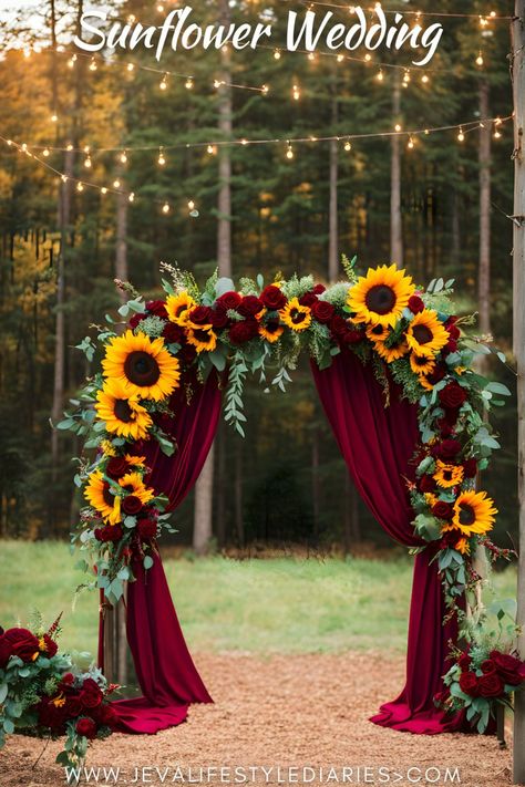 Sunflower wedding ceremony decorations wedding ceremony arch with burgundy roses Check more at https://howcandothis.com/weddingideas/sunflower-wedding-ceremony-decorations-wedding-ceremony-arch-with-burgundy-roses/ Fall Sunflower And Rose Wedding Theme, Sunflowers For Wedding Decor, Sunflower And Wine Color Wedding, Wedding Decor Sunflowers And Roses, Wedding Arch Ideas Burgundy, Red Roses And Sunflower Wedding Decor, Wedding Flowers Sunflowers And Roses, October Wedding Flower Ideas, Yellow Burgundy Wedding