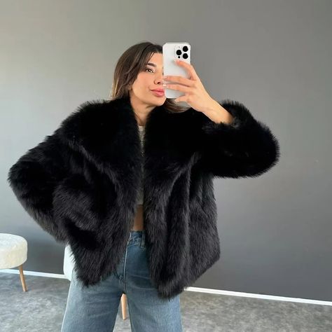 🤩Trend faux fur coat in affordable price only at shikpik.com 🔥20% off - hurry up buy yours before price goes up Lapel Collar Coat, Black Fur Coat, Trendy Coat, Fluffy Jacket, Urban Chic Fashion, Winter Chic, Outwear Women, Trendy Winter, Woven Jacket