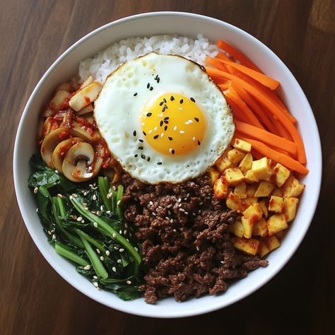 🍚 "Spicy Korean Beef Bibimbap is a vibrant, flavorful meal that's sure to satisfy with its perfect blend of spicy and savory!" 🍚🌶️ #Bibimbap #KoreanCuisine Spicy Korean Beef Bibimbap Ingredients: Ground beef (1 lb) Gochujang (3 tbsp) Soy sauce (2 tbsp) Garlic (3 cloves, minced) Sesame oil (1 tbsp) Cooked rice (2 cups) Assorted vegetables (e.g., spinach, carrots, mushrooms, 1 cup each, cooked) Egg (1, fried) Instructions: Cook ground beef with gochujang, soy sauce, garlic, and sesame oil u... Korean Spicy Pork Bulgogi, Bim Bim Bap Recipe, Bibimbap Aesthetic, Beef Bibimbap Recipe, Bibimbap Recipe Korean, Korean Beef Bibimbap, Beef Bibimbap, Spicy Korean Beef, Korean Night