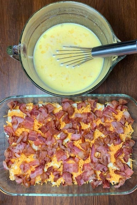 Egg and milk mixture in mixing bowl next to bacon, cheese and bread cube mixture in casserole dish. Bacon Egg And Cheese Casserole, Bacon Breakfast Casserole, Bacon Egg Bake, Breakfast Casserole With Bread, Baked Breakfast Casserole, Cheese And Bread, Bacon Egg Cheese, Bacon Casserole, Breakfast Casserole Bacon