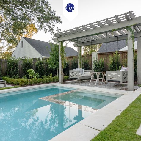 Grey Pergola With Hanging Swings Poolside Swings By Pool, Pool Side Pergola Ideas, Poolside Pergola Ideas, Poolside Arbor, Pool Side Pergola, Pool With Pergola, Solar Gazebo, Pool Hangout, Grey Pergola