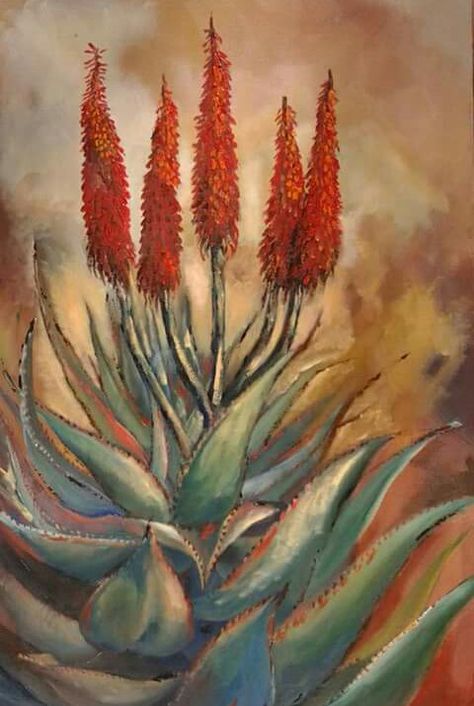 Painting Of Aloes, Aalwyne Paintings, Aloe Paintings Art, Aloe Tree, Karoo Landscape, Botanical Art Drawing, Bird Painting Diy, Abstract Artwork Painting, Cactus Paintings