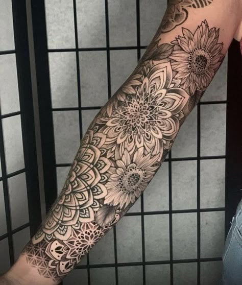 Forearm Mandala Tattoo, Mandala Arm Tattoos, Dotwork Tattoo Mandala, Tattoo Sleeve Filler, Floral Mandala Tattoo, Half Sleeve Tattoos Forearm, Mandala Tattoo Sleeve, Clever Tattoos, Floral Tattoo Sleeve