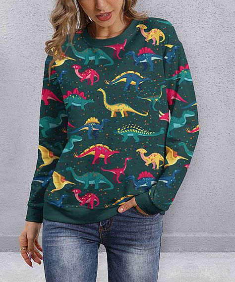 Green Multicolor Dinosaurs Lightweight Crewneck Sweatshirt. Elevate your comfy couture with the colorful dinosaur design of this sweatshirt made from a generous stretch blend for a feel-good fit. Made for ZulilySize M: 25.6'' long from high point of shoulder to hem95% polyester / 5% spandexMachine wash; tumble dryImportedShipping note: This item is shipping internationally. Allow extra time for its journey to you. Colorful Dinosaur, Dinosaur Outfit, Crewneck Sweatshirt Women, Dinosaur Design, Sweatshirt Women, High Point, Dress Backs, Unique Print, Dinosaurs