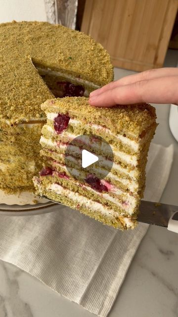 353K views · 34K likes | Baked by Laora 🧁 on Instagram: "This pistachio-cherry honey cake fits perfect into this spring season! And it taste just as beautiful as it looks! (Recipe below)🍒  Ingredients 3 eggs 340 ml honey  100 g sugar 140 g butter  1 tablespoon vanilla paste  Dry’s 150 g finely crushed pistachios 340 g flour 1 tsp baking powder 1 tsp cinnamon 1 tsp kardamum   + additional 100 g pistachios for decoration.  Instructions: Bring the honey and sugar to simmer in a pot till it changes color (7-10 minutes) on medium heat. When it reaches a slightley brown color and the honey starts to rise with bubbles, turn down the heat and add the butter. In another bowl, whisk the eggs on high speed with a pinch of salt till it dubbles in size. Add vanilla. Add the honey-butter mixture slowl Honey Cake Decoration, Square Layers, Crushed Pistachios, Round Layers, Russian Honey Cake, Mascarpone Filling, Green Cake, Pistachio Cake, Vanilla Paste