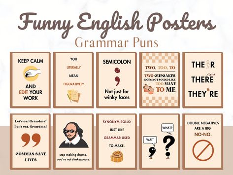 This set of 10 hilarious English classroom printable posters are a great way to add humour into your class, while also engaging students in their learning!  This set of 10 posters come in 5 different sizes: -18x24inches -16x20inches -8.5x11inches -8x10inches -11x14inches How it works: Upon purchasing, you will receive a 5 PDF documents in your Etsy account. These PDFs are your printable posters!  You may not resell these designs! Refunds: This is a digital download, which means you will not rece English Language Classroom Decoration, English Teacher Posters, High School English Classroom Decorating Ideas, English Posters Design, Posters For English Classroom, English Class Posters, English Class Decoration, Middle School English Classroom Decor, English Classroom Decoration