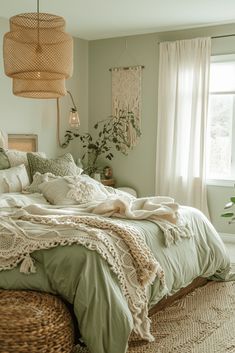 20 inspiring boho bedroom decor ideas to transform your space with earthy tones, eclectic patterns, and cozy textures. Boho Chic Green Bedroom, Bedsheets Photography, Calming Bedroom Ideas, Wardrobe Renovation, Green Room Ideas Bedroom, Sage Bedroom, Interior Deisgn, Sage Green Bedroom, Green Walls