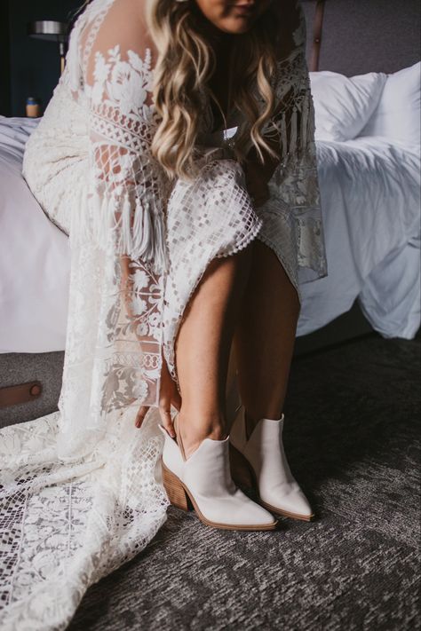 Bride | boho bride | wedding shoes | wesding boots | wedding dress | boho wedding dress | wedding dress inspiration | lace dress |  dress with sleeves | getting ready | wedding inspo | boho wedding | wedding | wedding photography | midwest photographer | Copperhead Photography | @Copperhead_Photography | www.copperheadphotography.com Boho Boots Wedding, Bride Shoes Outdoor Wedding, Boho Wedding Shoes Boots, Outdoor Fall Wedding Shoes For Bride, Wedding Dress And Boots Boho, Bridal Boots Boho, Ankle Boots Wedding Dress, Lace Wedding Dress With Boots, Booties And Wedding Dress