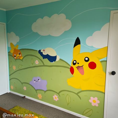 Painted this wall for my baby's nursery☆ Image is based off the Pokémon Primer ABC book. Not amazing paint work but I love how bright it makes the room :3 Nursery Ideas Pokemon, Pikachu Bedroom Ideas, Pokemon Nursery Ideas, Pokemon Mural Bedroom, Pokemon Wall Painting, Pokemon Wall Mural, Pokémon Mural, Pokemon Bedroom Kid Rooms, Pokémon Bedroom Ideas