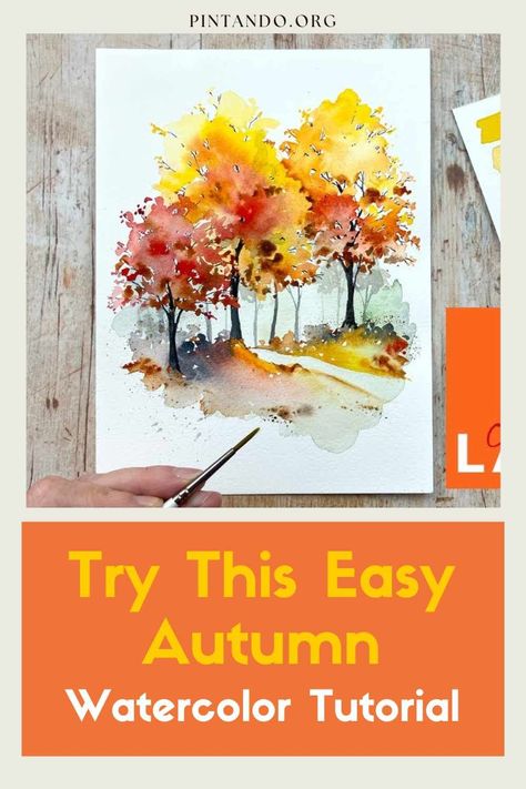 Embrace the captivating beauty of autumn with our 'Try This Easy Autumn: Watercolor Tutorial' Discover the art of painting the vibrant colors of fall with this step-by-step video tutorial. From the rustling leaves to the golden sunsets, learn how to capture the essence of the season in watercolors. Perfect for both beginners and seasoned artists, this tutorial will awaken your creative spirit. Join us in celebrating the magic of fall and create your own masterpiece... Easy Watercolor Fall Scene, Fall Watercolor Paintings Diy, Fall Trees Watercolor Paintings, Autumn Landscape Painting Watercolour, Watercolour Autumn Landscape, Fall Watercolour Tutorials, Learn How To Watercolor Paint, Acrylic Art Lessons, Watercolor Fall Trees Tutorial