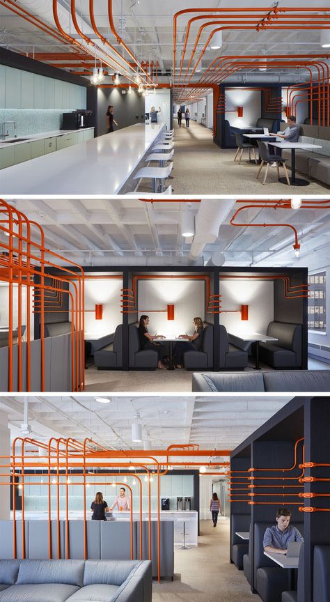 Studio BV have designed the Field Nation offices that were inspired by a circuit board and features orange conduit piping throughout, guiding people to the various areas of the office. #InteriorDesign #OfficeDesign #DesignAccent Ballroom Decorations, Hygge Office, Executive Wear, Workspaces Design, Loft Exterior, Dreams Motivation, Goal Ideas, Industrial Office Design, Workout Goals