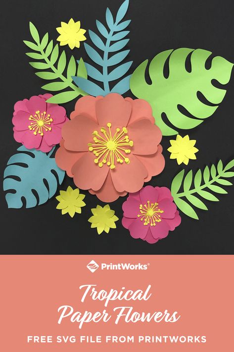 Tropical Flower Paper Template, Paper Flowers Tropical, Summer Paper Flowers, How To Make Tropical Paper Flowers, Cricut Tropical Decor, Tropical Flowers Template, Tropical Decorations Diy, Tropical Flower Template Free Printable, Diy Tropical Decorations