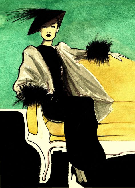 I am eternally in love with the elegance and style of fashions past, from the 30's to the 70's. My illustrations are an ode to great fashion illustrations of a bygone era. All of my work is original and the models are conjured from my imagination.   Prints are of my original ink and watercolor fashion illustrations.   This particular print was inspired by the fashions of the 40's. The original illustration is in black India ink, watercolor and gouache.   I try to capture the richness and texture of the original in the prints but sometimes there are slight variations. All work is printed on archival matte art paper with borders. Prints come in various sizes  and are signed and dated.    Please feel free to contact me regarding special requests and original work prices. Vogue Fashion Sketches, Art Deco Illustrations, Fashion Illustration Watercolor, Fashion Art Prints, Fashion Illustration Vintage, Watercolor Fashion, Watercolor Ink, Illustration Fashion, Wall Art Vintage