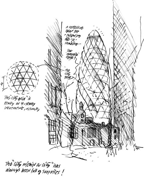 Gallery of 30 St Mary Axe Tower / Foster + Partners - 33 Norman Foster Sketch, Archi Sketches, Norman Foster Architecture, Gherkin London, Arch Drawing, Environment Sketch, Architectural Representation, Architectural Sketches, Foster Partners