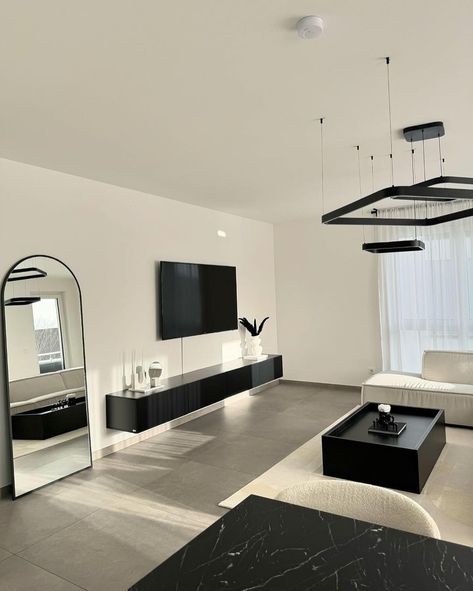 Black White Home Interior, Black And White Monochrome Living Room, Home Interior Black And White, Black And White House Decor Living Room, Modern Home Decor Black And White, Black Minimalist House Interior Design, Modern Living Room Apartment Ideas, Modern Living Room Ideas Black And White, Living Room Black And White Decor