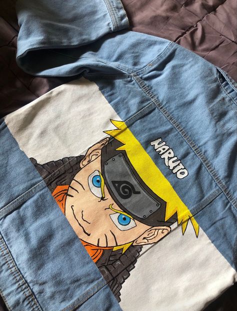 #naruto #denim #handpaint #vibe #paintyourvibes #jacket Jean Jacket Diy, Pokemon Fabric, Anime Jacket, Painting Business, Grunge Shoes, Anime Painting, Simpsons Drawings, Painting Hoodie, Jeans Design