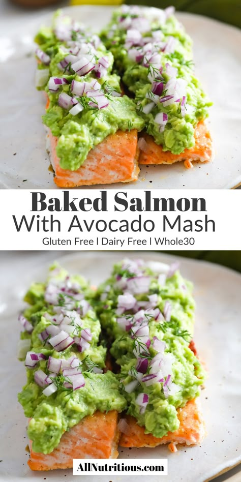 Looking for a delicious, yet healthy food to make? Our Baked Salmon with Avocado Mash recipe is not only incredibly flavorful, but also an incredibly easy meal idea. This baked dinner recipe is a game changer for weeknight dinners and special occasions alike. This salmon dinner is honestly the best! Salmon Avocado Recipes, Paleo Salmon Recipes, Salmon For Breakfast, The Best Baked Salmon, Recovery Meals, Clean Eating Salmon, Quick Salmon Recipes, Salmon Recipes Healthy, Avocado Mash