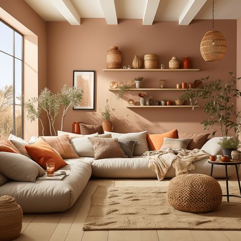 Salon Terracotta : 26 idées tendances et déco à copier ! Terracotta Living Room, Living Room Decor Brown Couch, Room Decor Cozy, Living Room Decor Colors, Living Room Decor Curtains, Living Room Living Room, Ideas Living Room, Bohemian Living Room, Living Room Decor Cozy