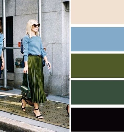 Green Pleated Skirt, Olive Green Skirt, Green Color Combinations, Colour Combinations Fashion, Color Combos Outfit, Color Combinations For Clothes, 여름 스타일, Color Balance, Modieuze Outfits