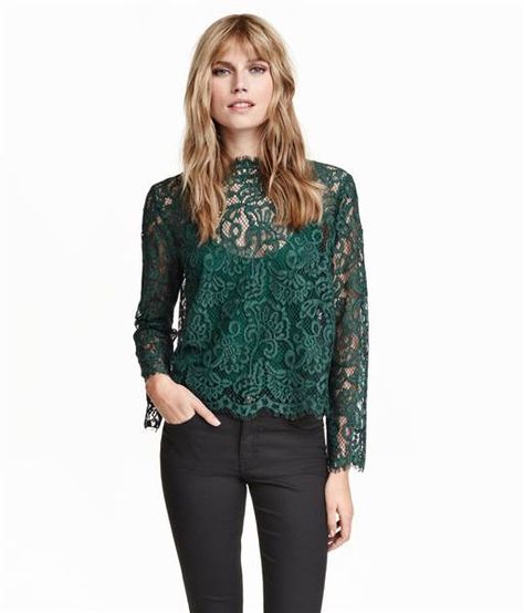 H&M green lace blouse Green Lace Top Outfit, Green Lace Shirt, Lace Shirt Outfit, Green Lace Blouse, Green Lace Top, Office Blouse, Pant Suits, Spring Capsule Wardrobe, Satin Blouses