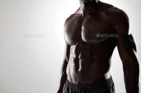 Young african man with muscular body by jacoblund. Close up shot of young african man with muscular body against grey background. Shirtless male model with muscular abs.#body, #jacoblund, #Close, #muscular Male Fitness Photography, Muscular Back, Man Posing, Muscular Man, Photos Booth, Hands On Hips, Bodybuilders Men, African Models, Art Creativity