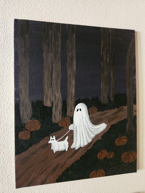 Ghost painting walking ghodt dog in forest with pumpkins Minimalist Pumpkin Painting, Dog Halloween Painting, Ghost Town Painting, Ghost In Forest Painting, Things To Paint Big Canvas, Cute Ghost Acrylic Painting, Ghost Painting Trend Ideas, Acrylic Silhouette Painting Ideas, Ghost Fall Painting