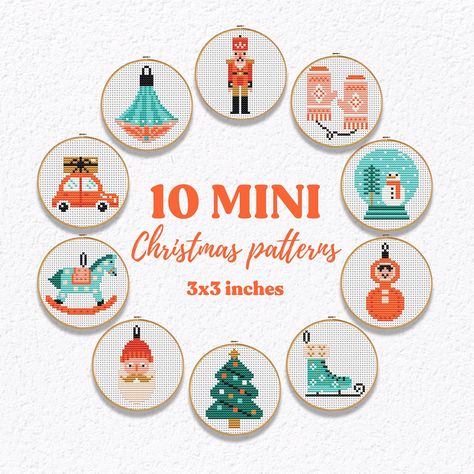 10 Christmas cross stitch patterns, Mini Christmas cross stitch set, Xsmas tree cross stitch PDF, Small cross stitch, Beginner, Simple, Car cross stitch --> Click here for more: https://www.etsy.com/shop/HandyshopStore  10 Christmas cross stitch patterns: * Design area: 3 inches * Fabric: Aida 14 count * DMC Colors: 9  Perfect fit for Hoop 3 or 4" PDF PATTERNS Include: * 10 PDF Patterns; * Image of the finished stitch; * "How To Cross Stitch" Instruction; * The Cross Stitch Chart with colour blocks + symbol key; * The Cross Stitch Chart with black&white symbols + symbol key. INSTANT DOWNLOAD Info: You will be emailed a link to the download at your Etsy email address. Also, PDFs are available in your Etsy account under "My Account" and then "Purchase" after payment has been confirmed. In or Mini Christmas Cross Stitch, Christmas Cross Stitch Patterns, Tree Cross Stitch, Santa Cross Stitch, Cross Stitch Beginner, Winter Cross Stitch, Cross Stitch Tree, Small Cross Stitch, Mini Cross Stitch