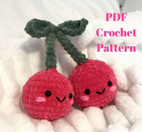 Create your own adorable set of plush cherries! This is an easy-to-follow crochet pattern perfect for beginners.  What's Included: - Instant download PDF crochet pattern - Step-by-step instructions  - List of materials needed - Skill level: Beginner-friendly Materials Needed: 1. Plush yarn 2. Pink and black thread to embroider the cheeks and the mouth  3. Safety eyes  4. Crochet hook 5.00 mm 5. Stuffing (Polyester fiber fill) Crochet Cherries, Beginner Friendly Crochet, Cherry Pattern, Plush Yarn, Crochet Mignon, Crochet Design Pattern, Crochet Inspo, Crochet Simple, Pattern Steps