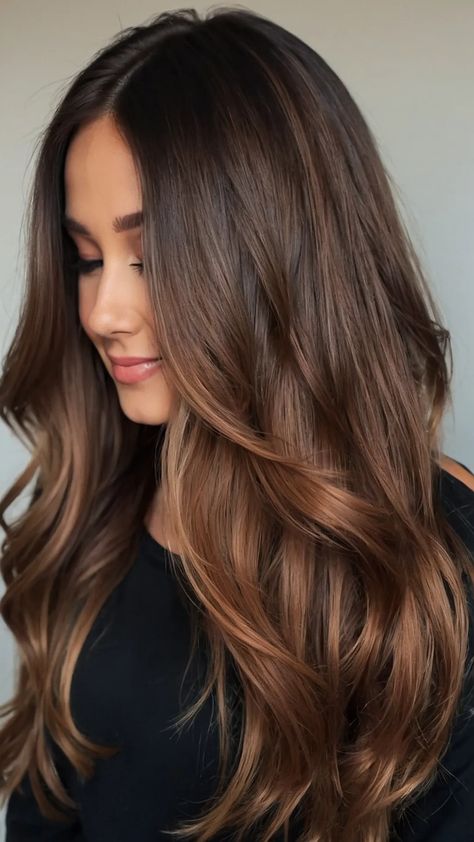 The Balayage Effect: 15 Fall Hair Colors That Shine - Cheerful Talks Fall Hair Color Ideas Balayage, Spiced Caramel Hair, Natural Brunette Hair Subtle Balayage, Tone On Tone Brunette, Brunette Hair With Ginger Highlights, Highlights Brown Hair Fall, Fall Baylage Hair Brunette, Brunette Low Maintenance Color, Brunette Balayage Hair Dark Brown