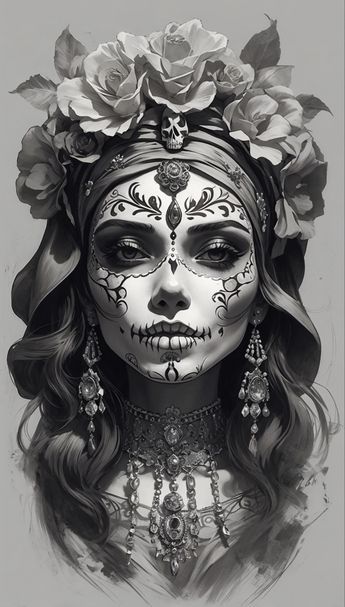 Mexican Sugar Skull Art Beautiful, Sugar Skull Art Drawing, Catrina Tattoo, Sugar Skull Artwork, Mexican Art Tattoos, Aztec Tattoo Designs, Realistic Tattoo Sleeve, Girl Face Drawing, Mexican Culture Art