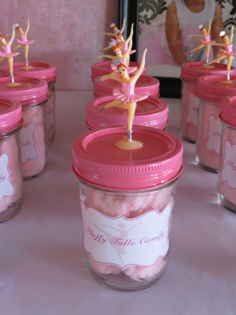 Such a cute idea. I think I will remember this for other things like holding bows.  By changing the top, this could be used to hold all kinds of stuff.  For kids, I would use unbreakable jars like peanut butter jars. Cotton Candy Party Favors, Jar Toppers, Nutcracker Party, Cotton Candy Party, Ballet Birthday Party, Bar A Bonbon, Ballet Birthday, Ballet Party, Ballerina Birthday Parties