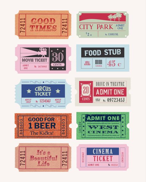 Admit One Ticket Aesthetic, Concert Ticket Collage, Retro Ticket Design, Vintage Tickets Printable Free, Cute Ticket Design, Hollywood Graphic Design, Ticket Template Aesthetic, Ticket Reference, Ticket Design Vintage