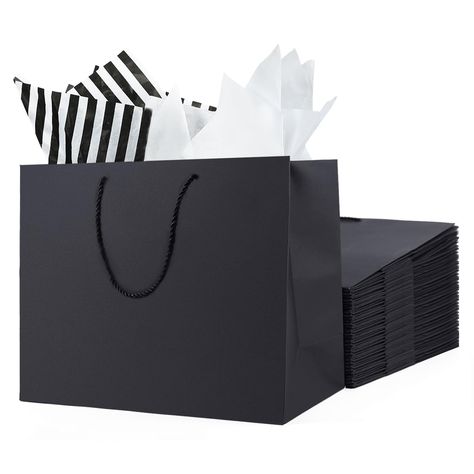 PRICES MAY VARY. Mixed Tissue Paper: Filled with 10 sheets of tissue paper, including 5 sheets of black stripes and 5 white, you can use the elegant black gift bags to well decorate your presents! Good Size: These large paper bags allow you to store shoes, books, clothing, toys, frames and other extra-large items. The 16”x6”x12”/40x15x30cm paper bags are so gorgeous! Versatile Use: Without any special logo or brand or letters, you can take them to birthdays, weddings, Christmas and many other oc Black Gift Bags, Large Wedding, Wedding Gift Bags, Bags For Men, Well Decor, Large Weddings, Black Gift, Black Paper, Paper Bags