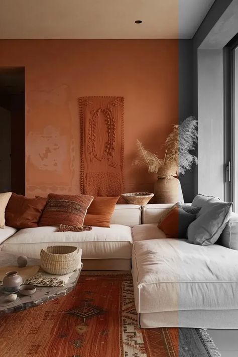 Full Color Image in ai-img-gen.com 🔸 terracotta color living room decor ideas --ar 2:3 --v 6.0 🔸 From Midjourney AI Image Terra Cotta Wall Color, Terra Cotta Living Room, Terracotta Walls, White Sectional Sofa, Color Living Room, White Sectional, Terracotta Color, Textured Throw Pillows, Patterned Rug