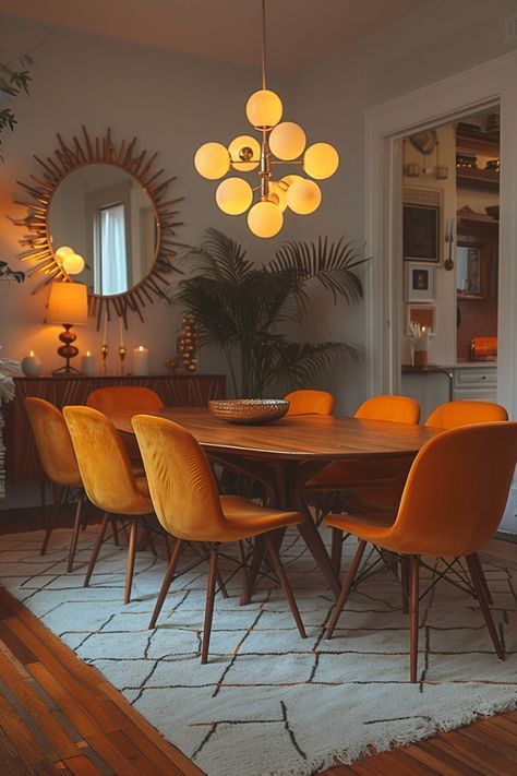 Yellow Dining Room, Mid Century Dining Room, Mid Century Modern Dining Room, 70s Interior, Mid Century Modern Dining, Mid Century Dining, Oval Table Dining, Dining Room Inspiration, Dream House Decor