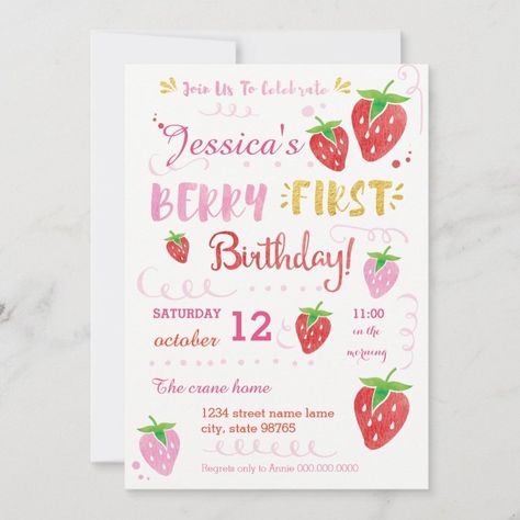 Strawberry First Birthday Party Berry Watercolor Invitation Zazzle First Birthday Twins, Berry Watercolor, Berry 1st Birthday, Birthday Twins, Berry First Birthday, Watercolor Invitation, Strawberry Birthday, Twins 1st Birthdays, Twin First Birthday